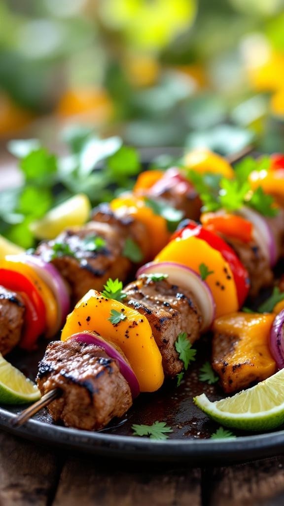 Cilantro lime steak skewers with colorful peppers and onions on a plate