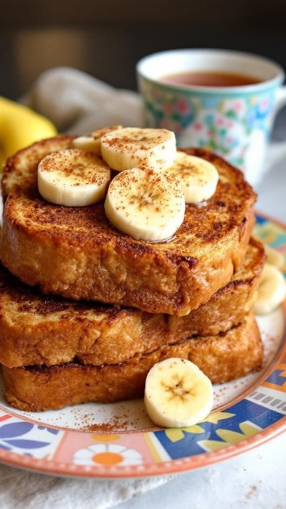 A stack of cinnamon-infused banana oat French toast topped with banana slices and cinnamon, served with a cup of tea.