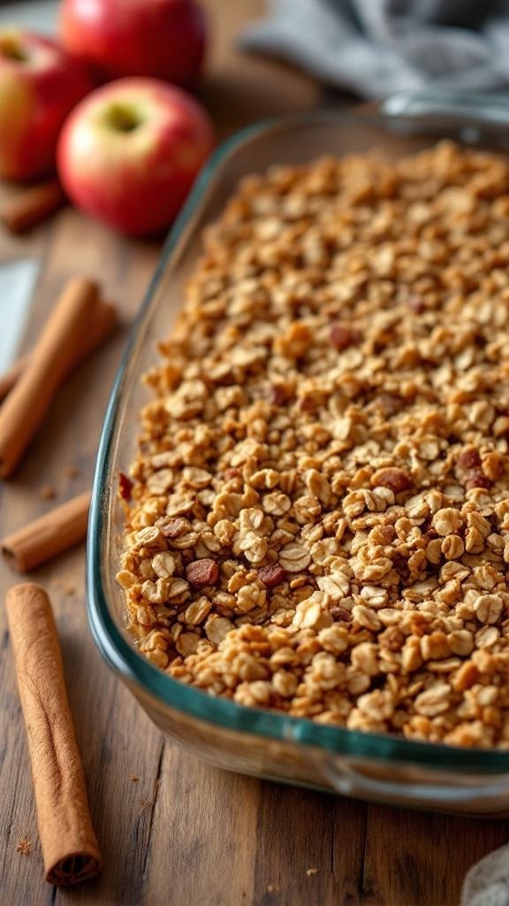 A delicious cinnamon-spiced oatmeal apple crisp in a glass baking dish, surrounded by fresh apples and cinnamon sticks.