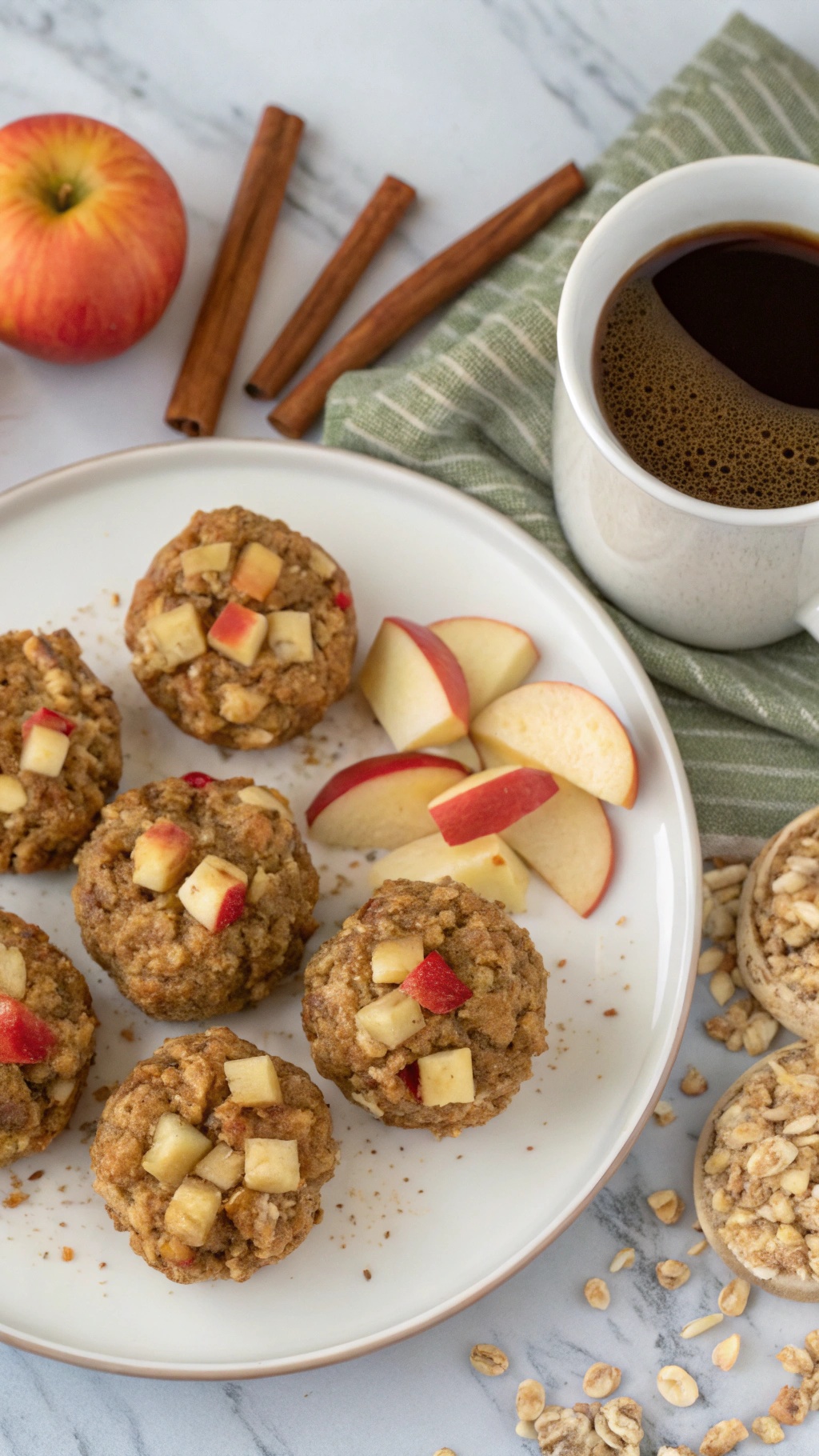 Cinnamon Apple and Oatmeal Breakfast Bites on a plate with apple slices and coffee