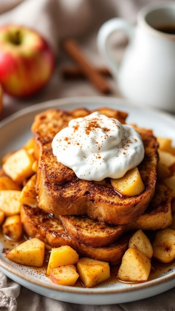 Cinnamon Apple Overnight Protein French Toast with whipped cream and diced apples