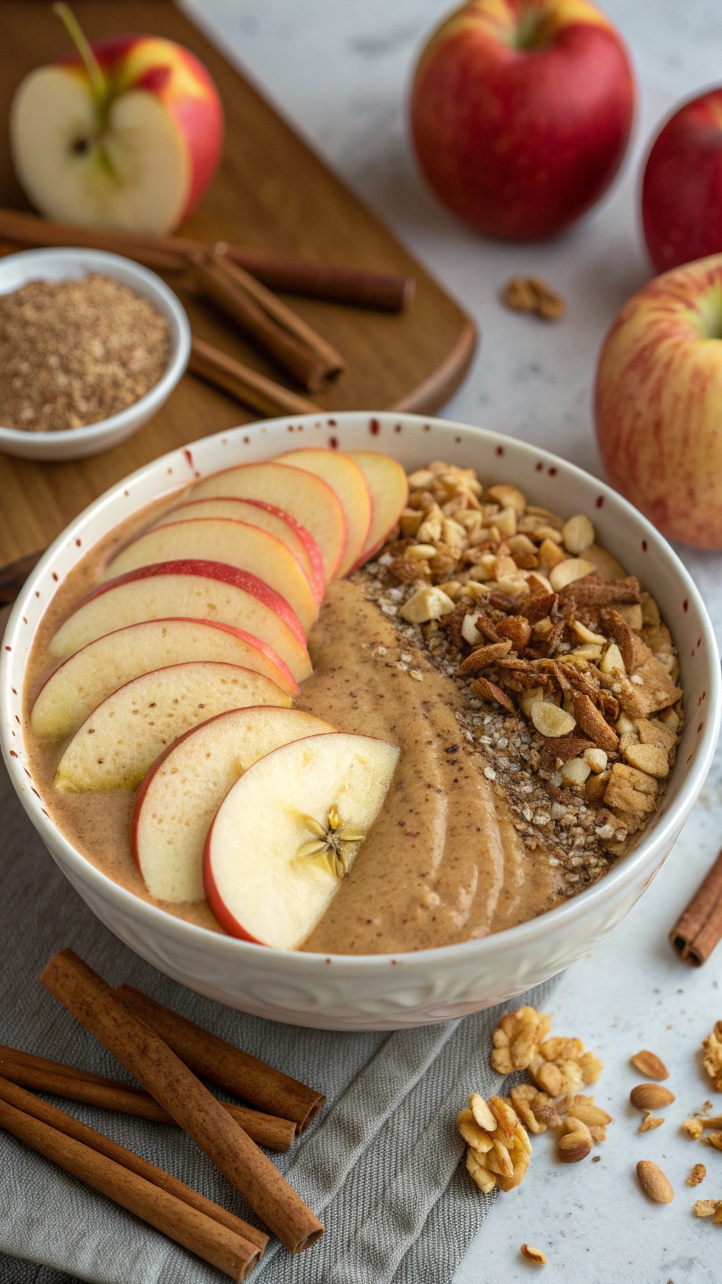 A delicious Cinnamon Apple Pie Smoothie Bowl topped with apple slices, granola, and oats.