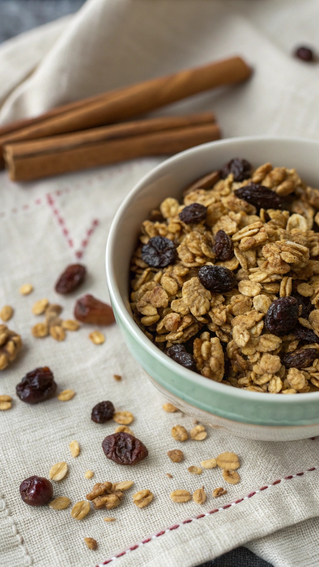 Bowl of cinnamon raisin granola with oats and raisins, surrounded by cinnamon sticks.