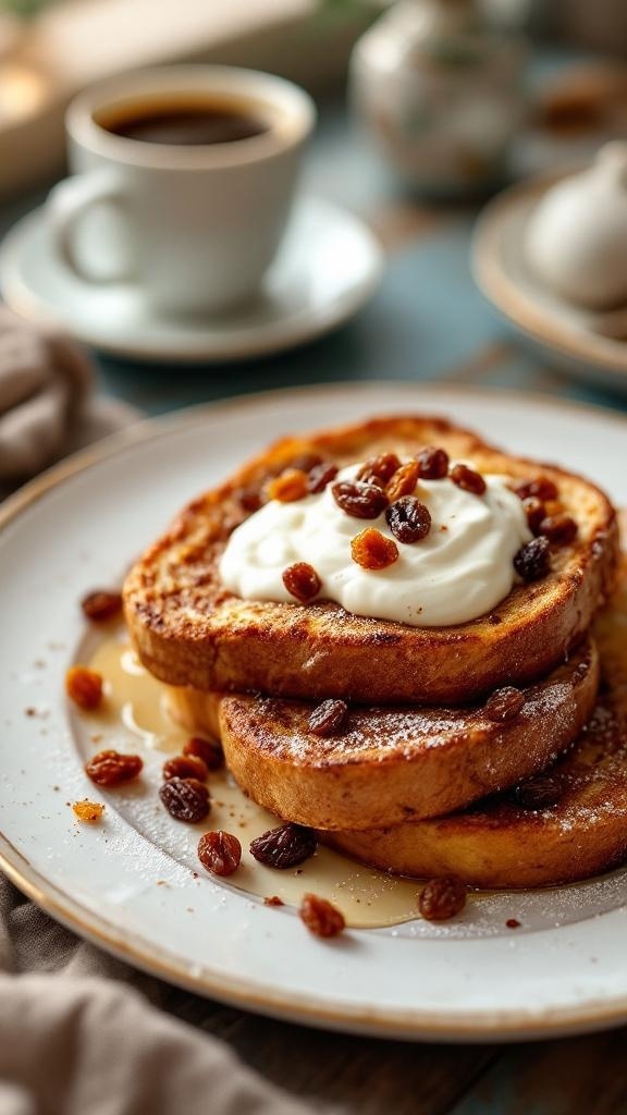 Delicious Cinnamon Raisin French Toast topped with yogurt and raisins, served with coffee.