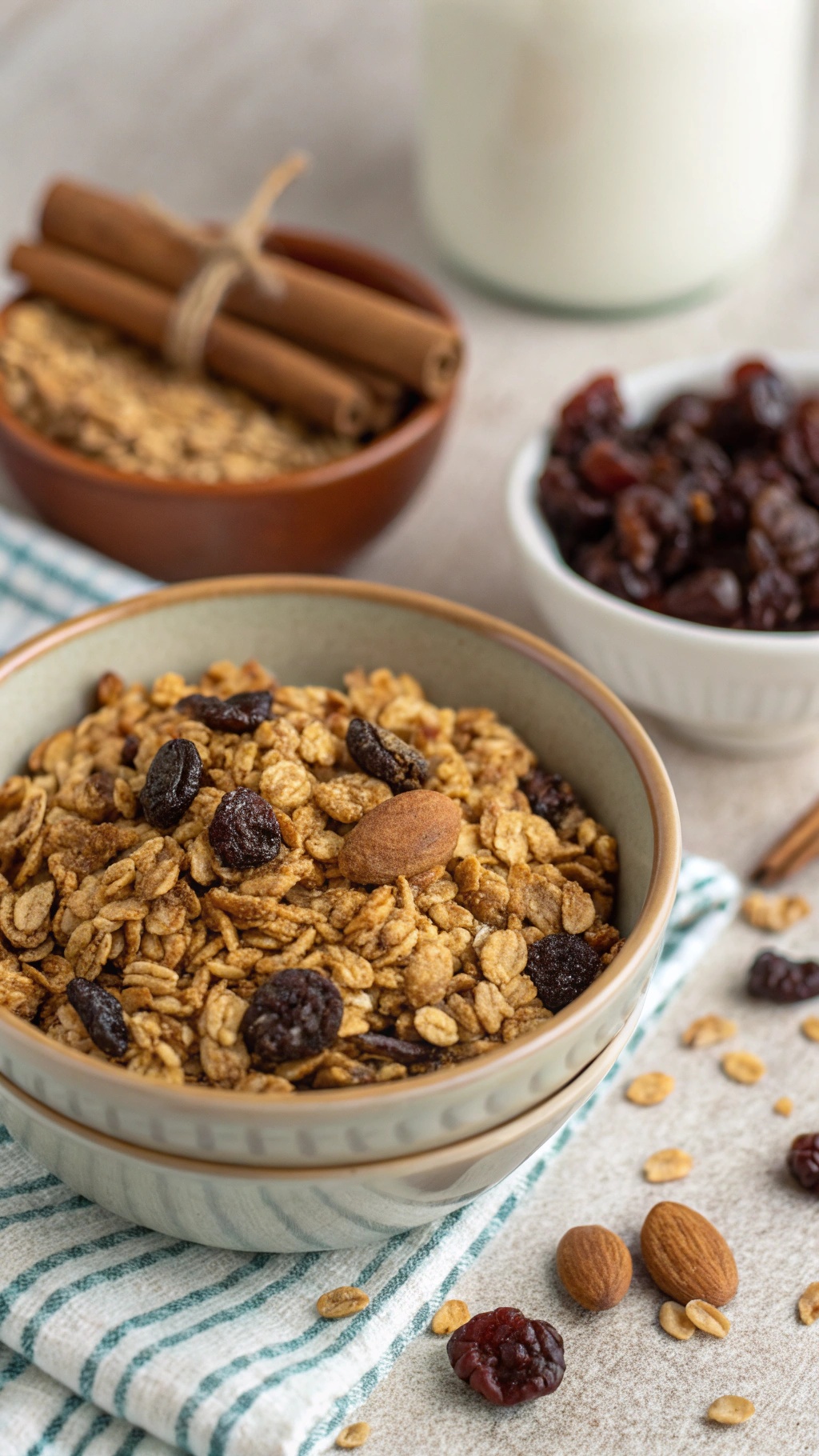 A bowl of cinnamon raisin granola with almonds, raisins, and cinnamon sticks, set on a striped cloth.