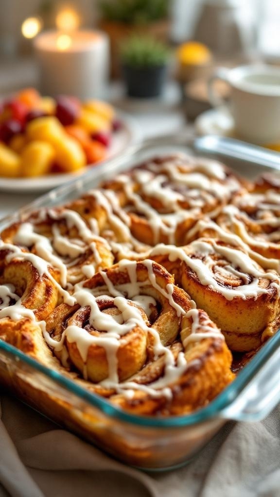A delicious Cinnamon Roll French Toast Bake with icing, served in a glass dish, surrounded by fruit and a cozy breakfast setting.