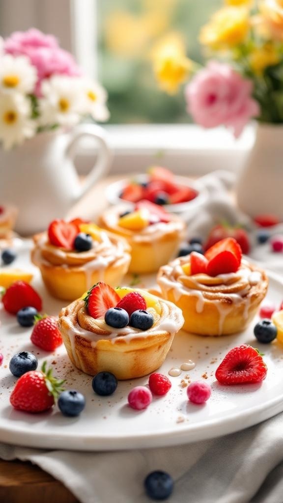 Cinnamon Roll Fruit Cups topped with fresh berries on a plate