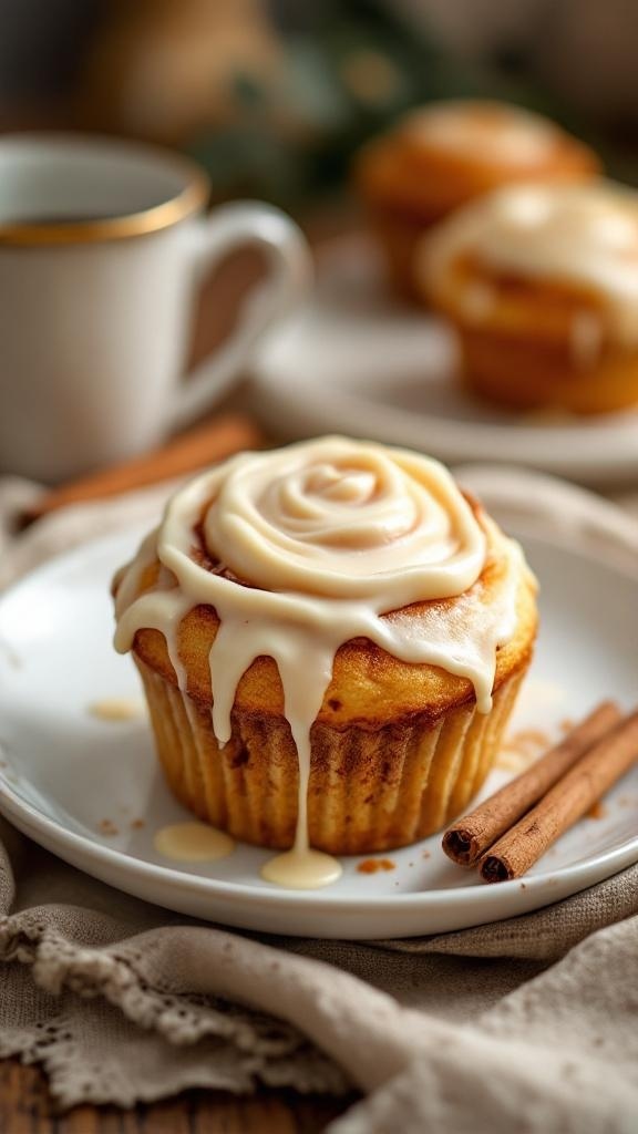 Delicious cinnamon roll muffin topped with cream cheese frosting and a cinnamon stick on the side.