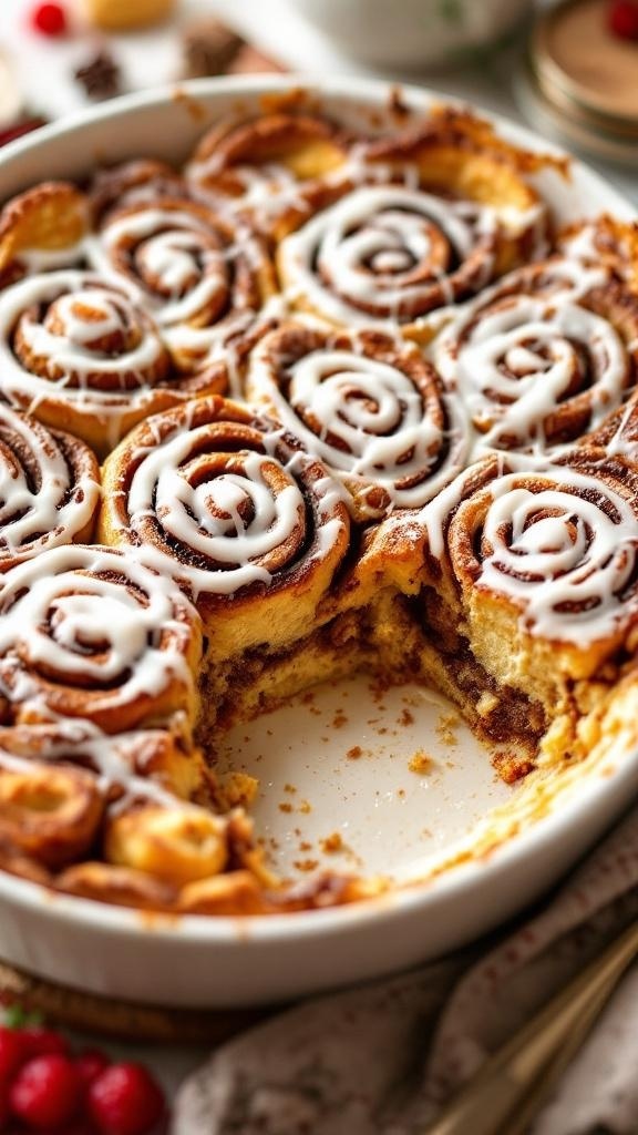 A delicious Cinnamon Roll Overnight French Toast Casserole with icing drizzled on top, showcasing swirls of cinnamon and a golden crust.