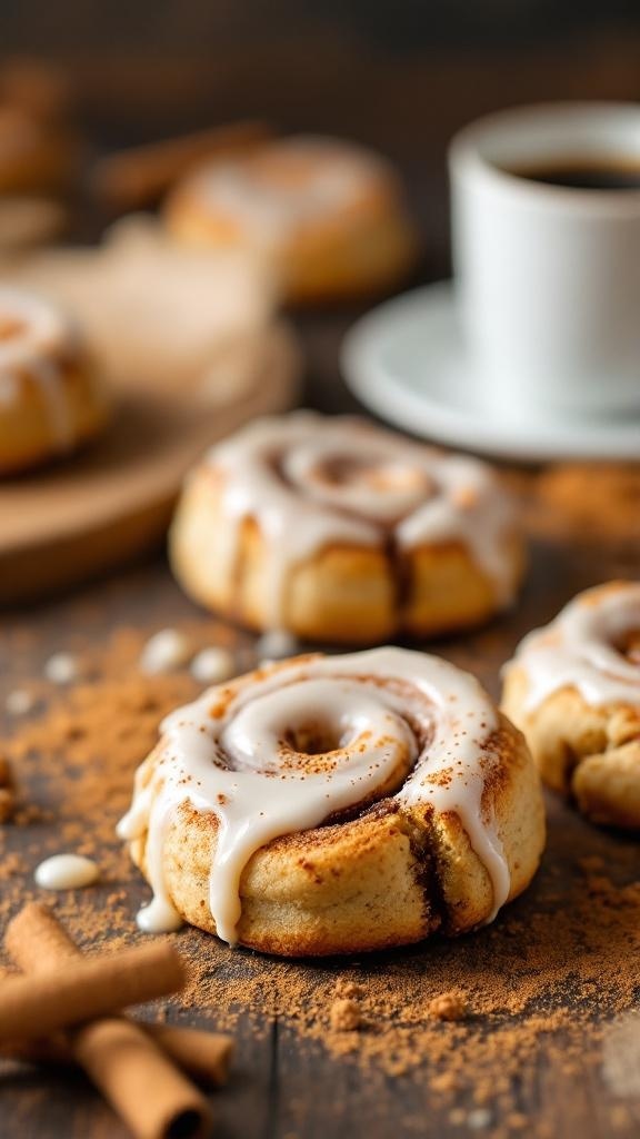 Cinnamon roll protein cookies with icing on a wooden table