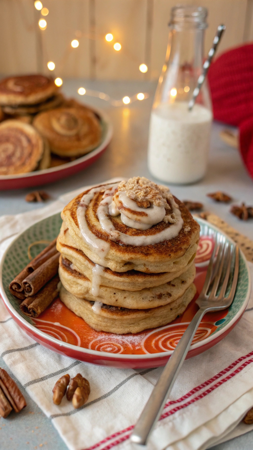 A stack of cinnamon roll protein pancakes topped with icing and pecans, served with cinnamon sticks and a glass of milk.