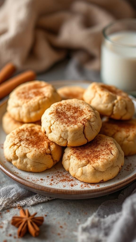 A plate of cinnamon spice no bake cookies with a glass of milk in the background.
