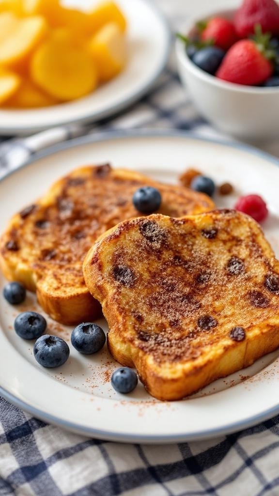 A plate of cinnamon raisin French toast served with blueberries and strawberries.
