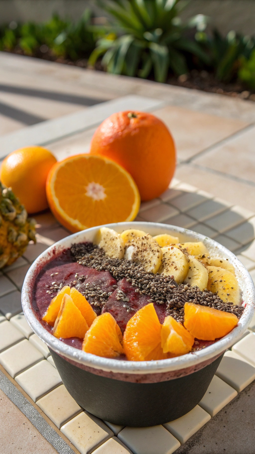A colorful acai bowl topped with banana slices, orange segments, and chia seeds, with oranges in the background.