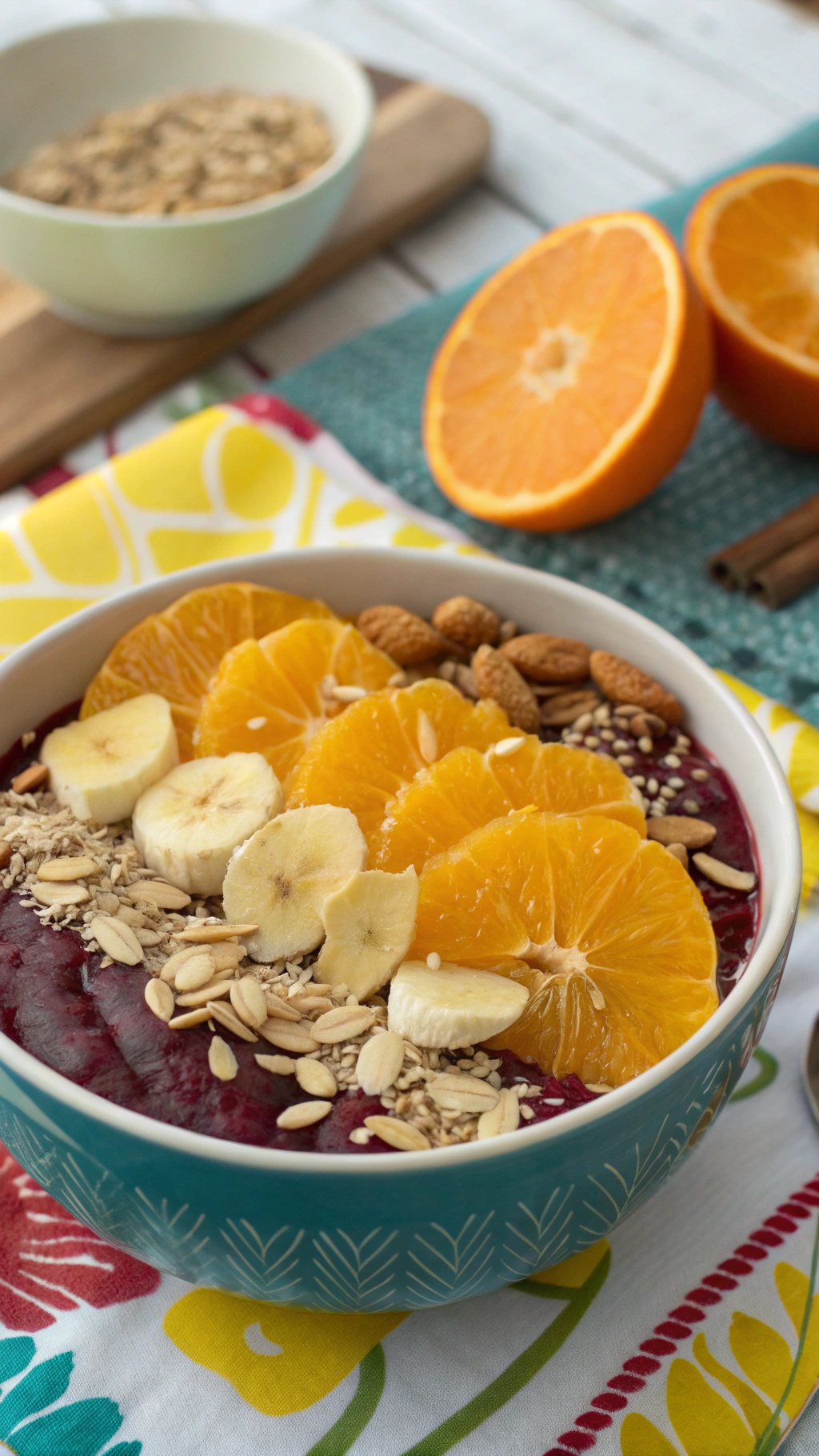A colorful bowl of Orange and Ginger Acai Bowl topped with banana slices, orange slices, oats, and almonds.