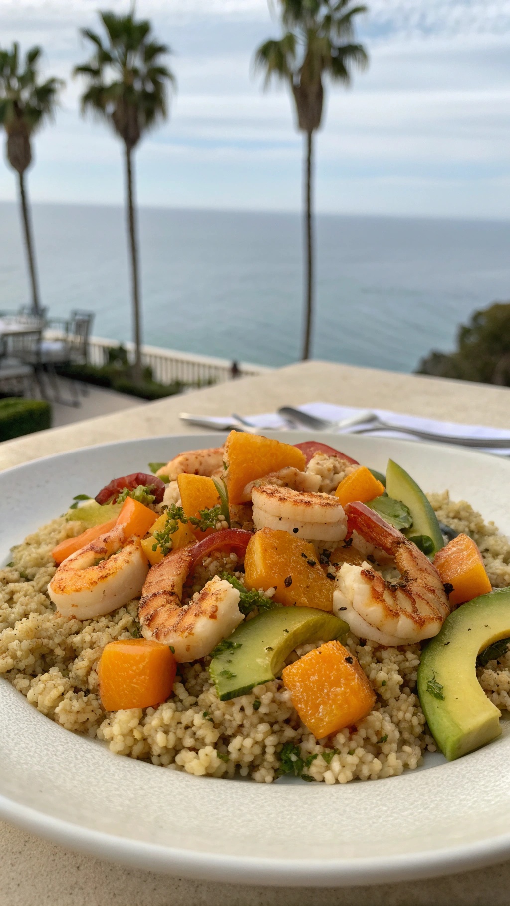 A vibrant bowl of Citrusy Quinoa and Shrimp Salad with mango, avocado, and shrimp, set against a scenic ocean view.