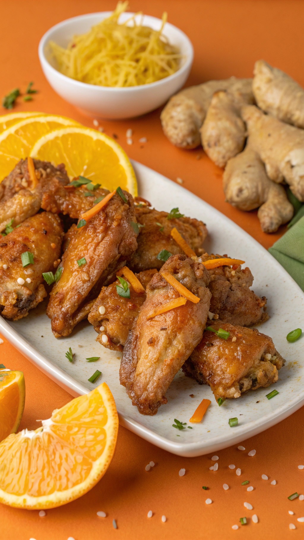 Delicious orange-ginger chicken wings garnished with orange slices and herbs on a plate.