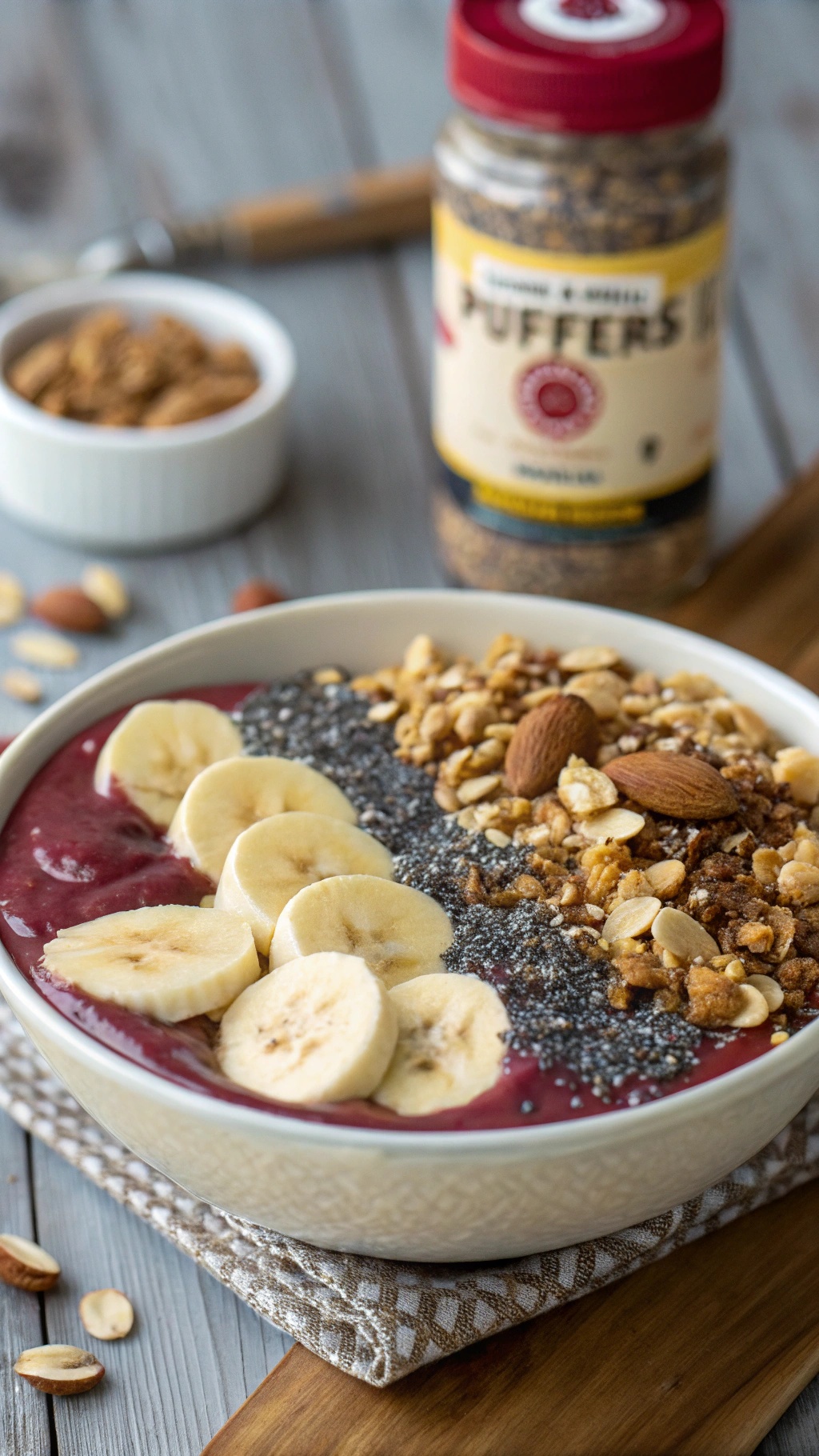 A classic acai bowl topped with banana slices, granola, and almond butter.