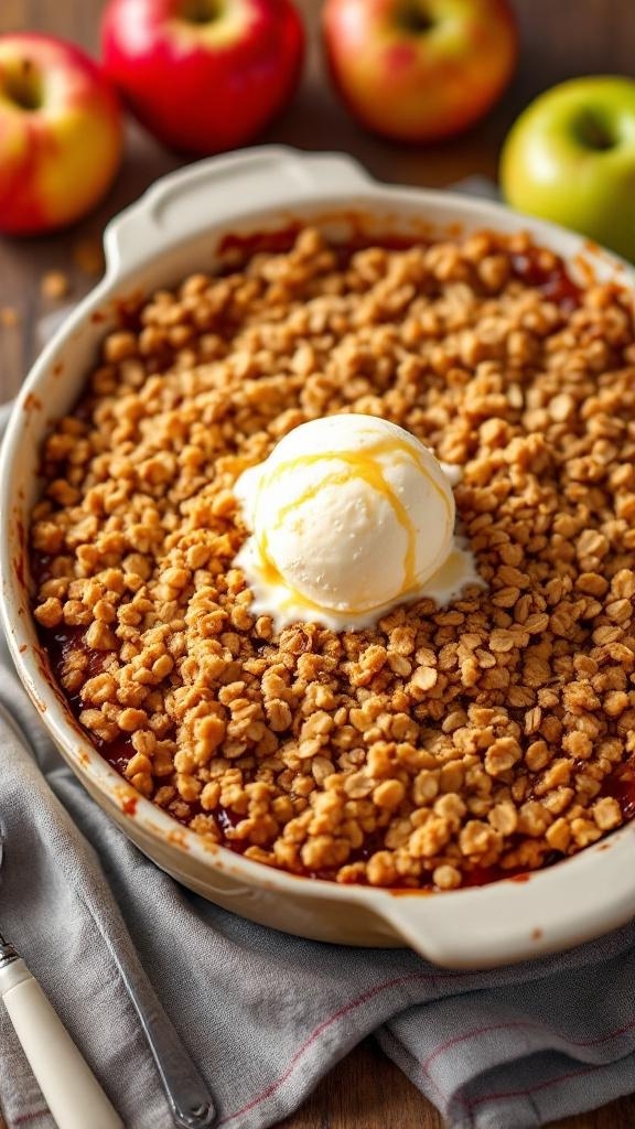 A warm apple crisp topped with a scoop of vanilla ice cream, surrounded by fresh apples.