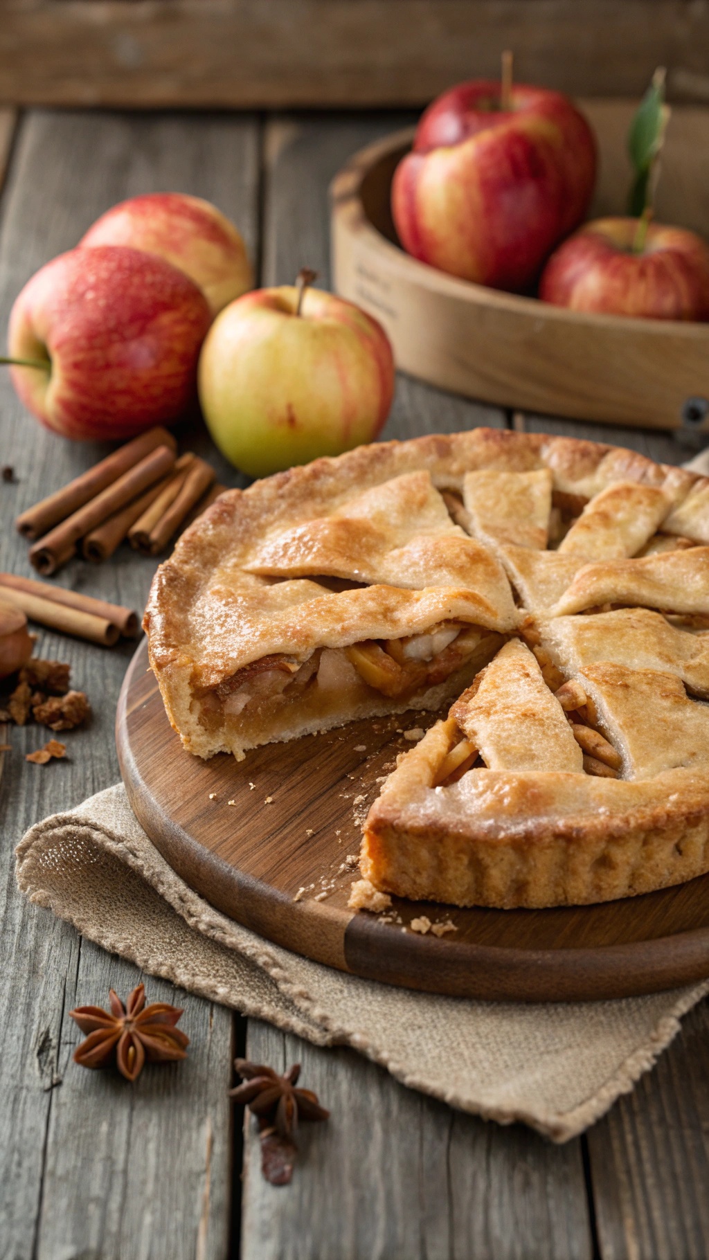 A classic apple pie with a flaky crust, surrounded by fresh apples and cinnamon sticks.