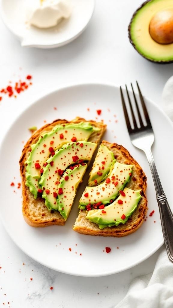 A plate of classic avocado toast topped with red pepper flakes, served with a fork.