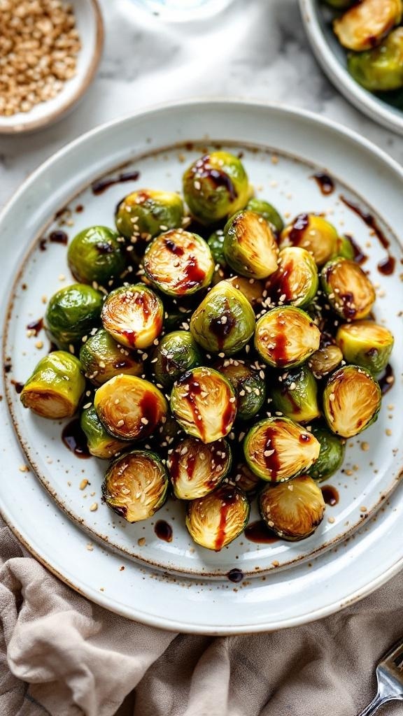 A plate of roasted Brussels sprouts drizzled with balsamic glaze and sprinkled with sesame seeds.
