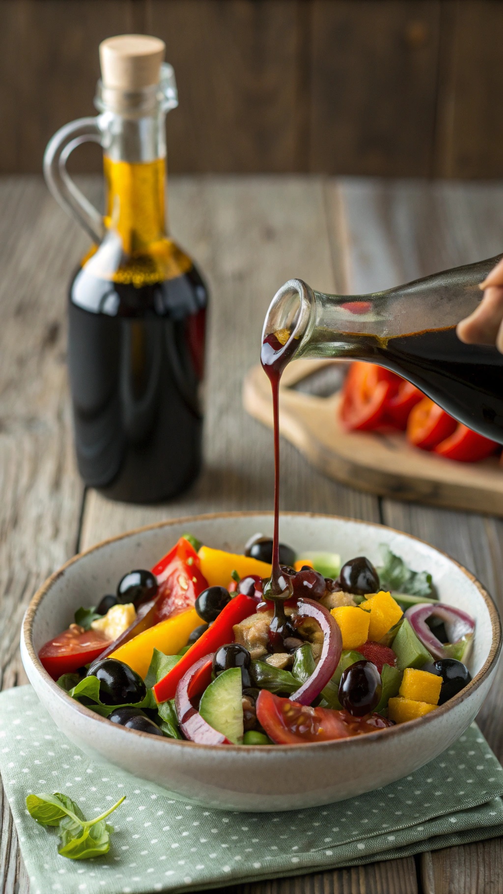 A bottle of balsamic vinaigrette being poured over a colorful salad with various vegetables.