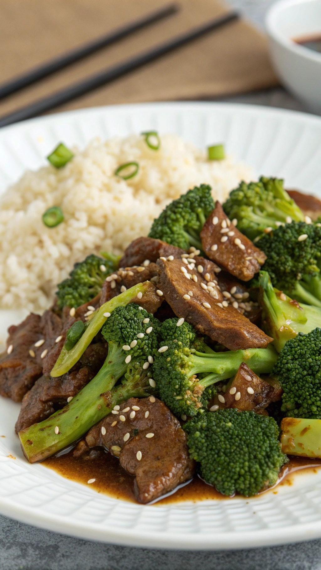 A plate of low-carb beef and broccoli with sesame seeds and a side of rice