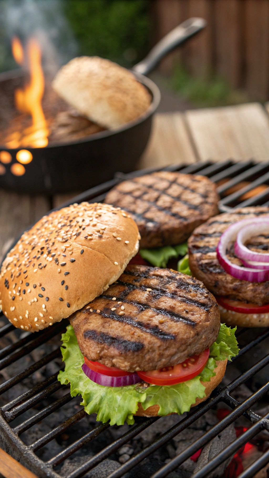 Grilled beef burgers with toppings on a barbecue grill