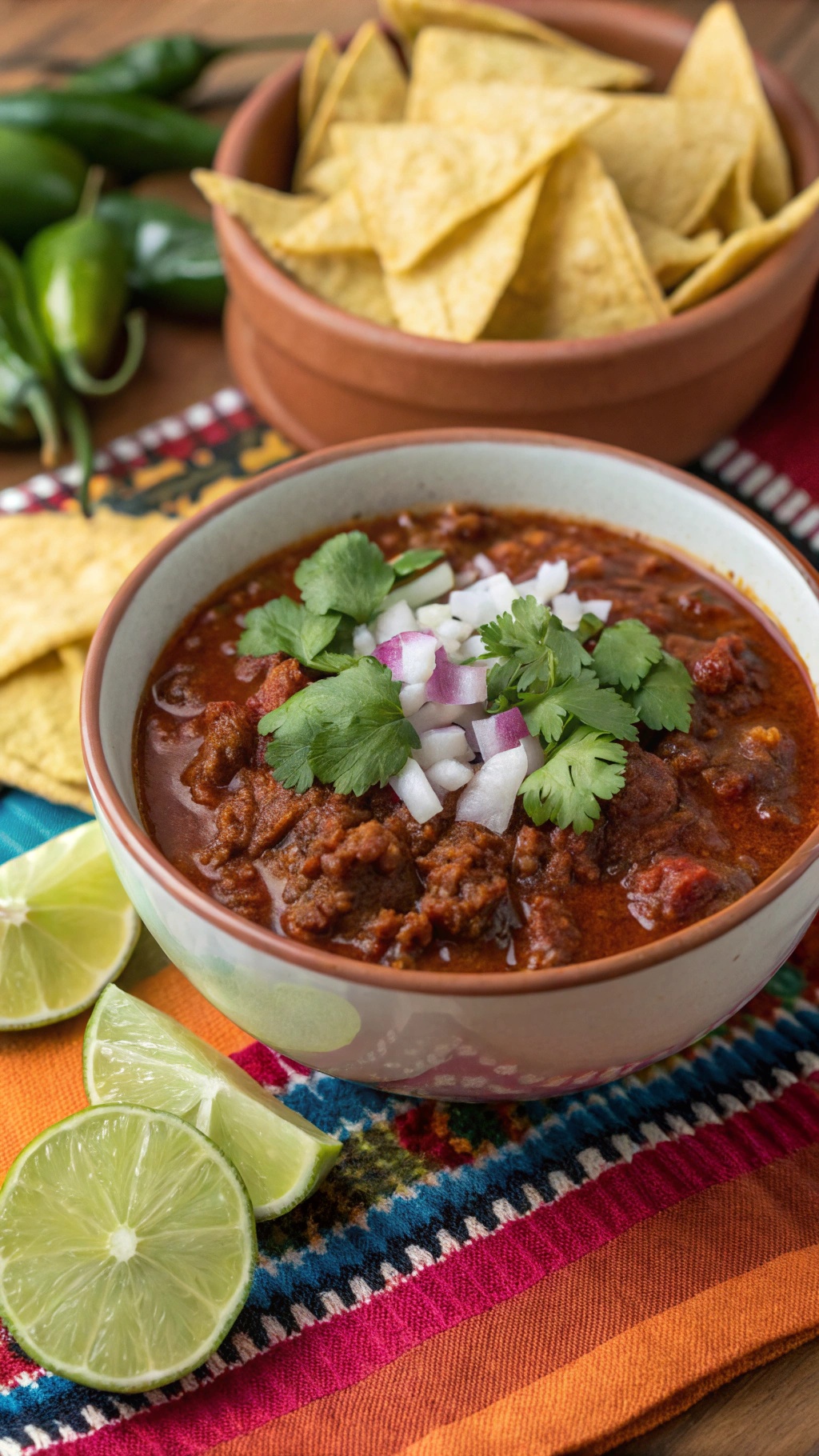 A bowl of classic beef chili topped with cilantro and onions, served with tortilla chips and lime wedges.
