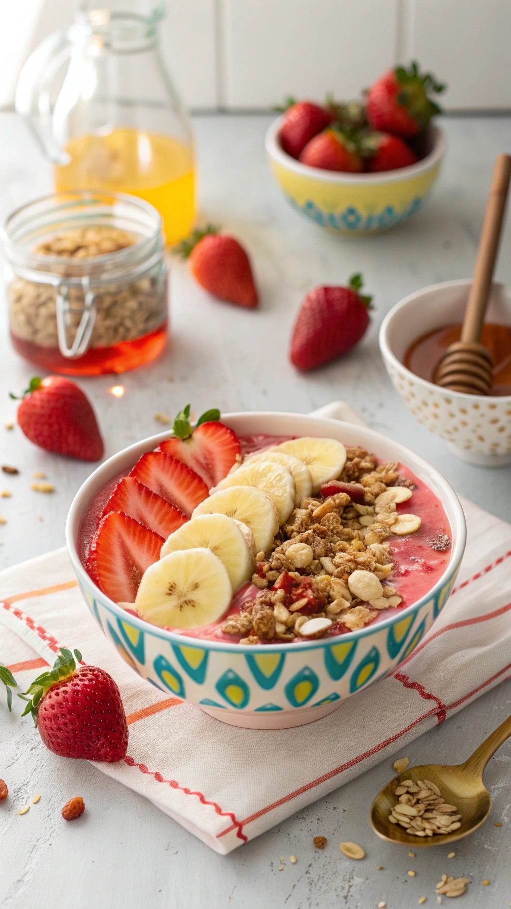 A colorful smoothie bowl topped with sliced strawberries, bananas, and granola, with honey on the side.