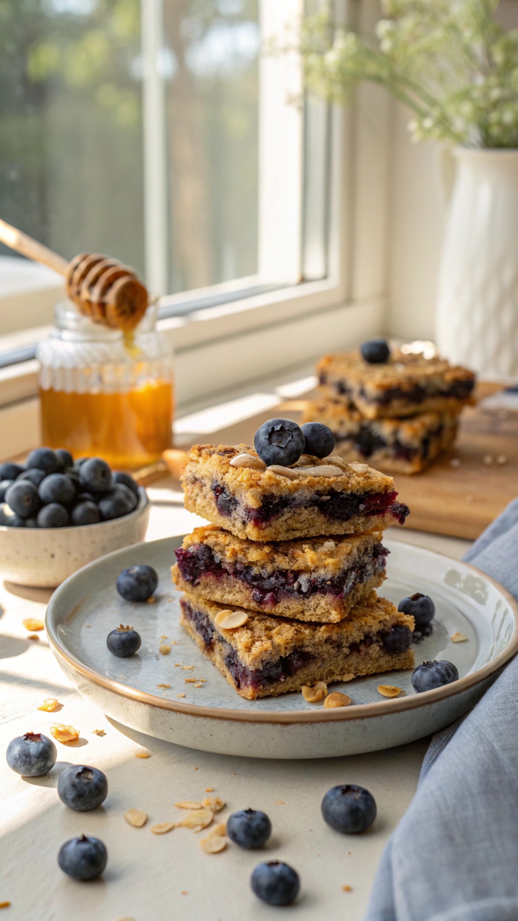 A stack of blueberry oat bars with fresh blueberries on top, surrounded by more blueberries and a jar of honey.