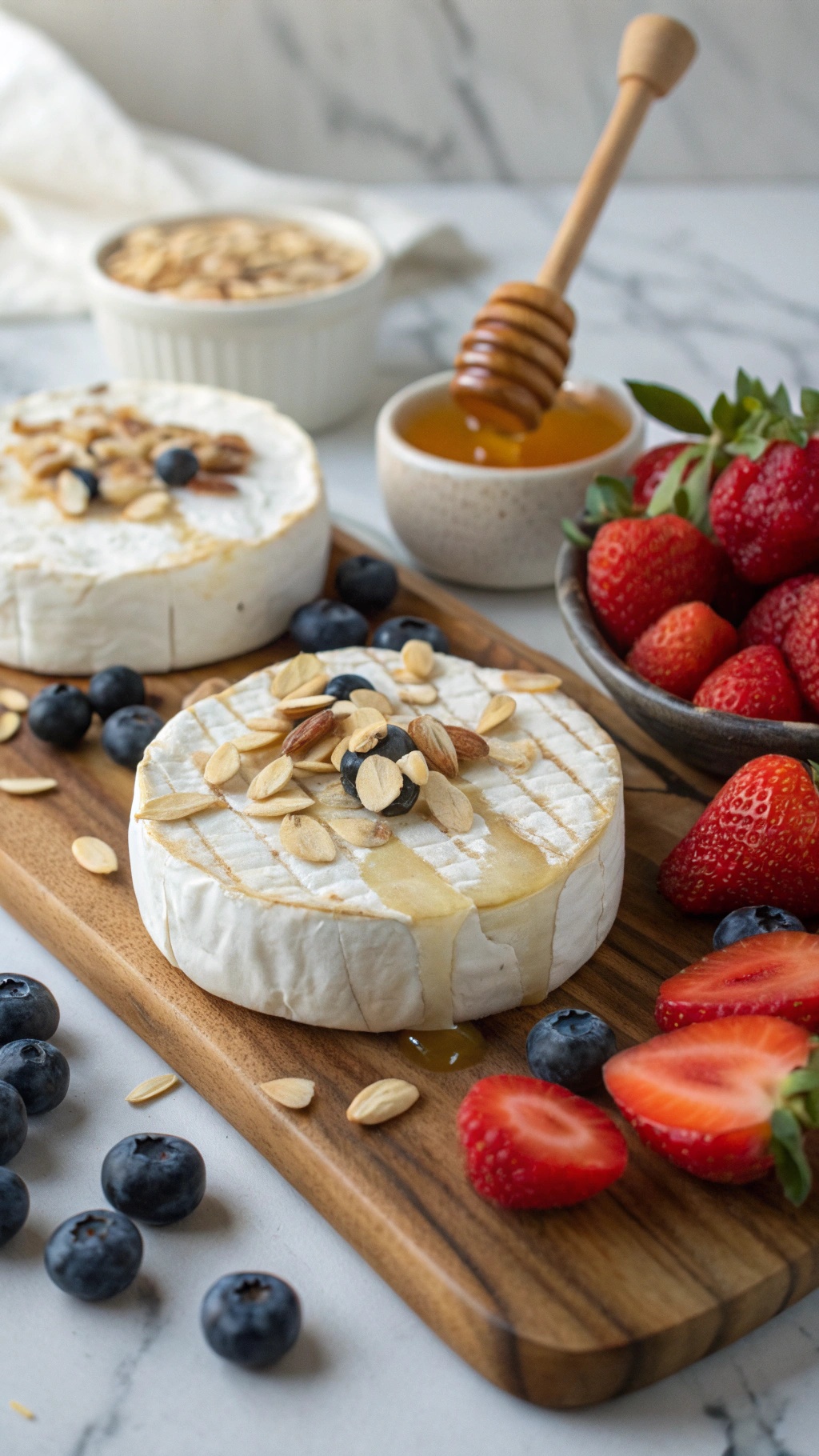 A cheese board featuring brie cheese topped with almonds and honey, surrounded by strawberries and blueberries.