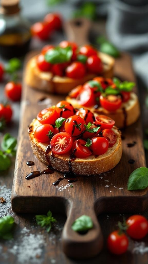 Classic bruschetta with cherry tomatoes and basil on toasted bread