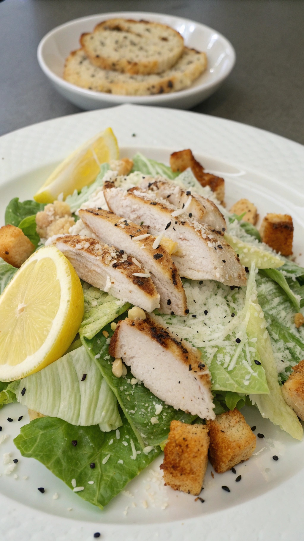 A plate of Classic Caesar Chicken Salad with grilled chicken, romaine lettuce, croutons, and lemon wedges.