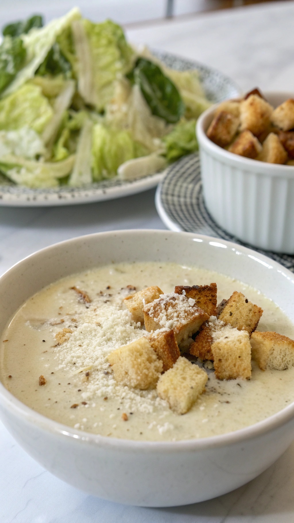 A bowl of creamy Caesar dressing topped with croutons and parmesan cheese, alongside a fresh Caesar salad.