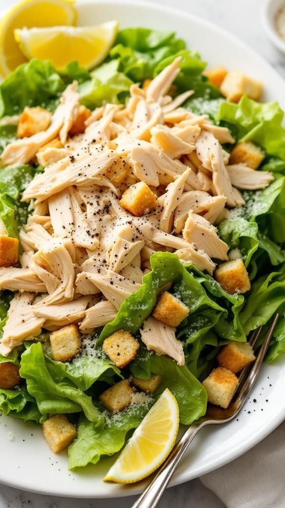 A plate of Classic Caesar Rotisserie Chicken Salad with lettuce, shredded chicken, croutons, and lemon wedges.