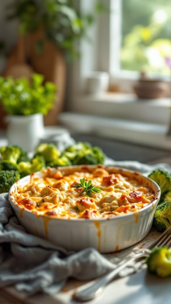 A delicious chicken and broccoli casserole in a white dish, topped with melted cheese and surrounded by fresh broccoli.