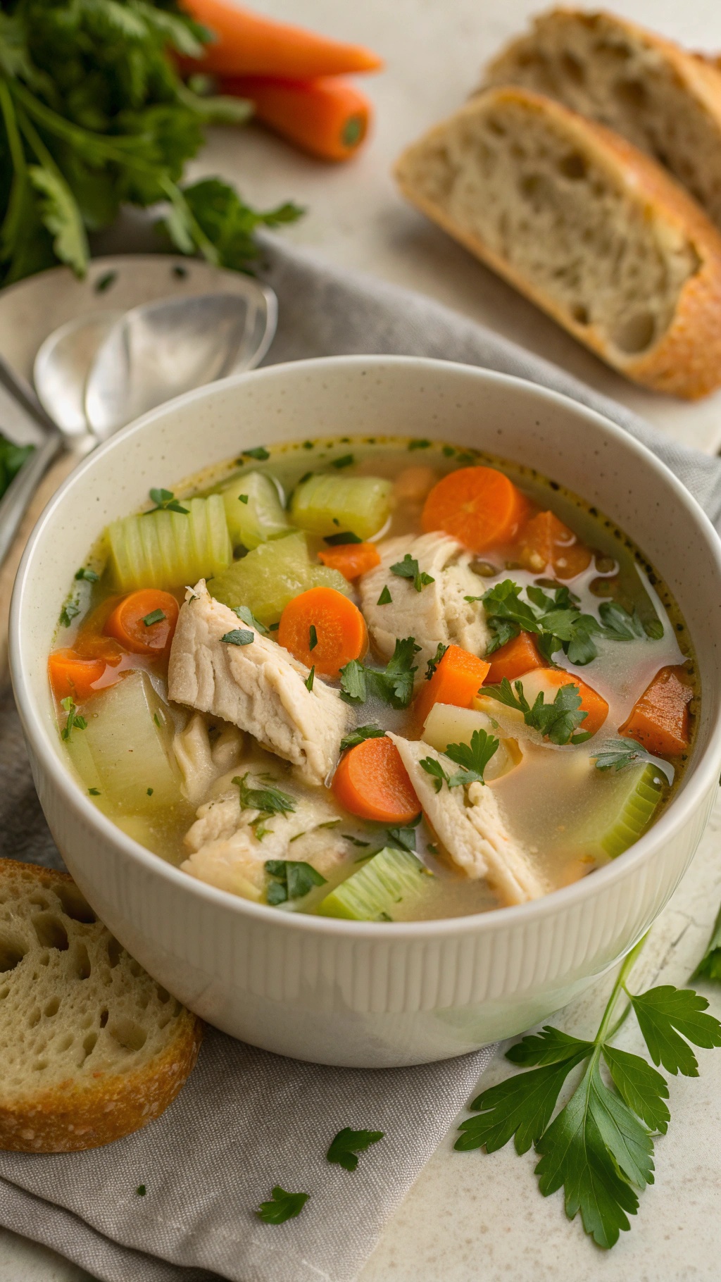 A bowl of classic chicken and vegetable soup with carrots, celery, and shredded chicken, served with a slice of bread.