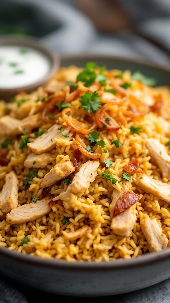 A plate of Chicken Biryani topped with fried onions and cilantro, served with yogurt sauce.