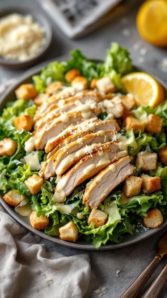 A plate of Classic Chicken Caesar Salad with rotisserie chicken, croutons, and lemon wedges.