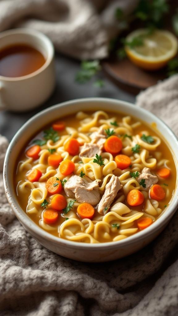 A bowl of chicken noodle soup with carrots, chicken, and noodles, garnished with parsley, next to a cup of tea.