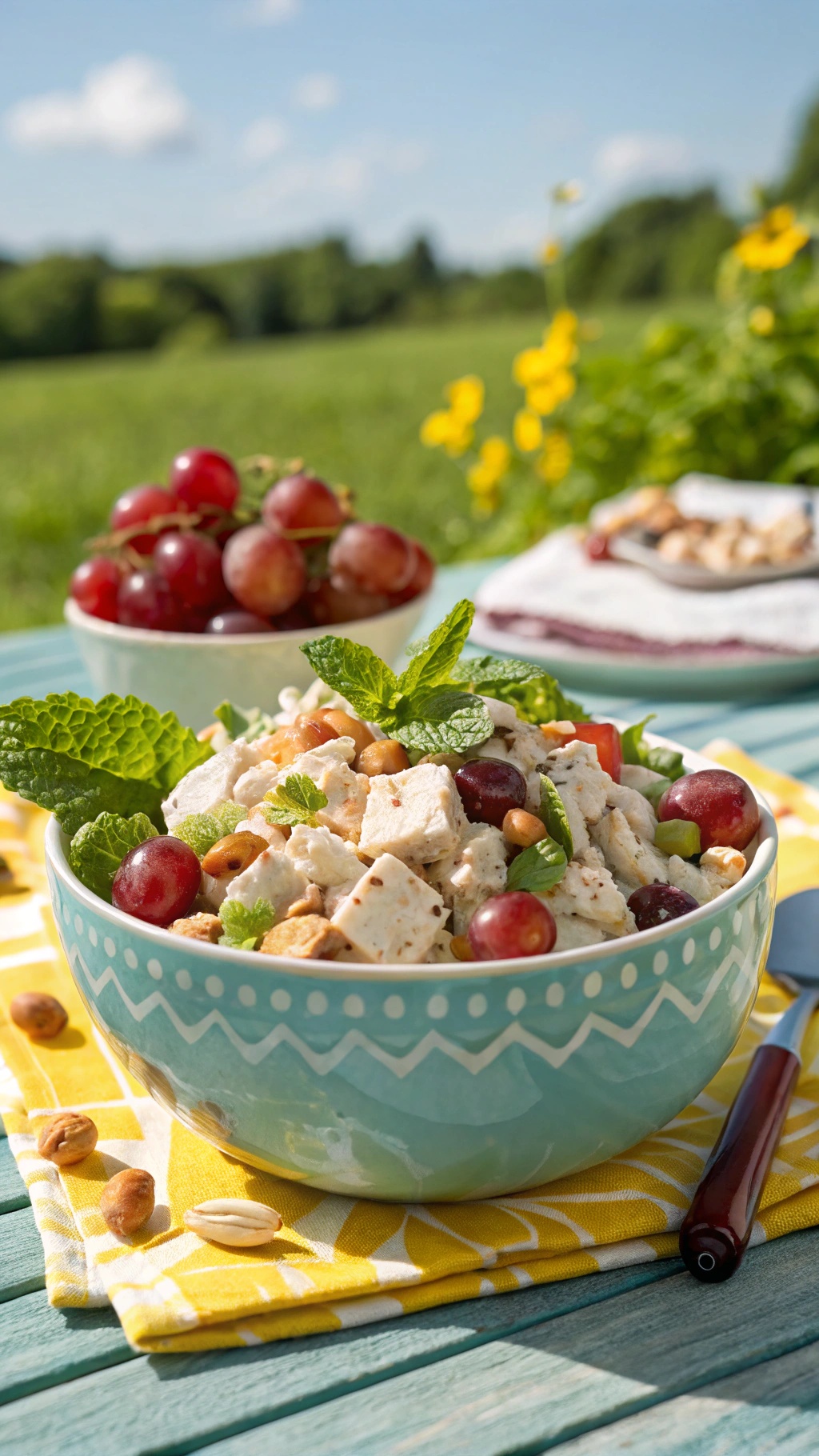 A bowl of classic chicken salad with grapes, surrounded by fresh grapes and greenery.