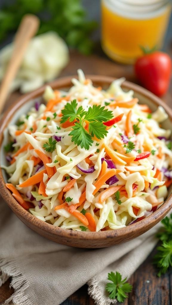 A bowl of classic coleslaw with shredded cabbage, carrots, and a creamy dressing, garnished with parsley.