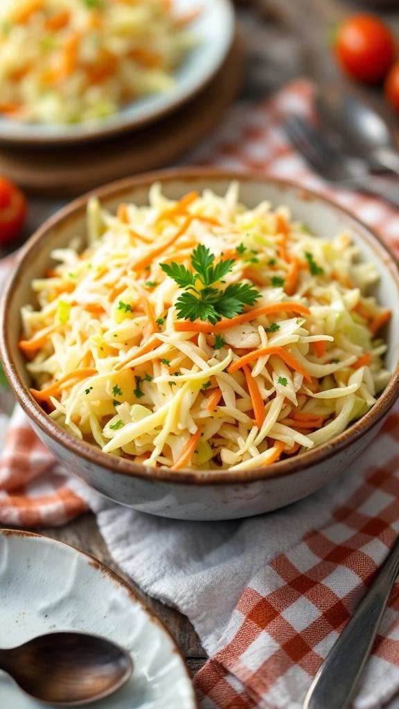 A bowl of classic coleslaw with shredded cabbage and carrots, garnished with parsley.