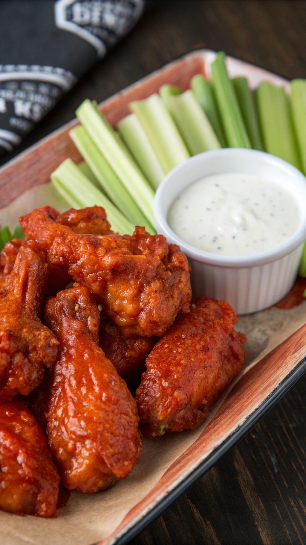 A plate of crispy Buffalo chicken wings with celery sticks and ranch dressing.