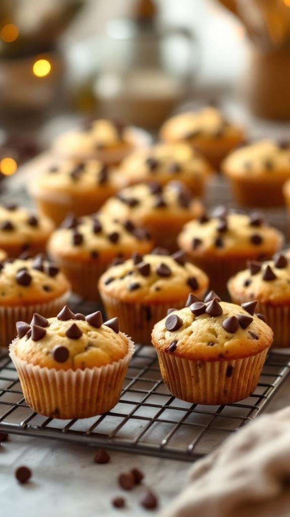 A tray of freshly baked chocolate chip muffins on a cooling rack.