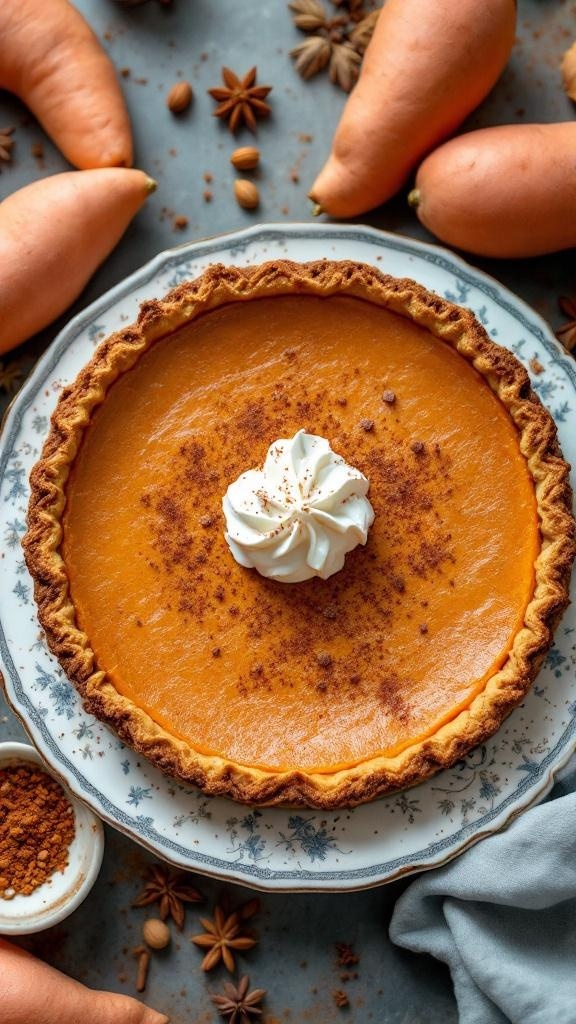A healthy sweet potato pie with a golden crust, topped with whipped cream, surrounded by fresh sweet potatoes and spices.