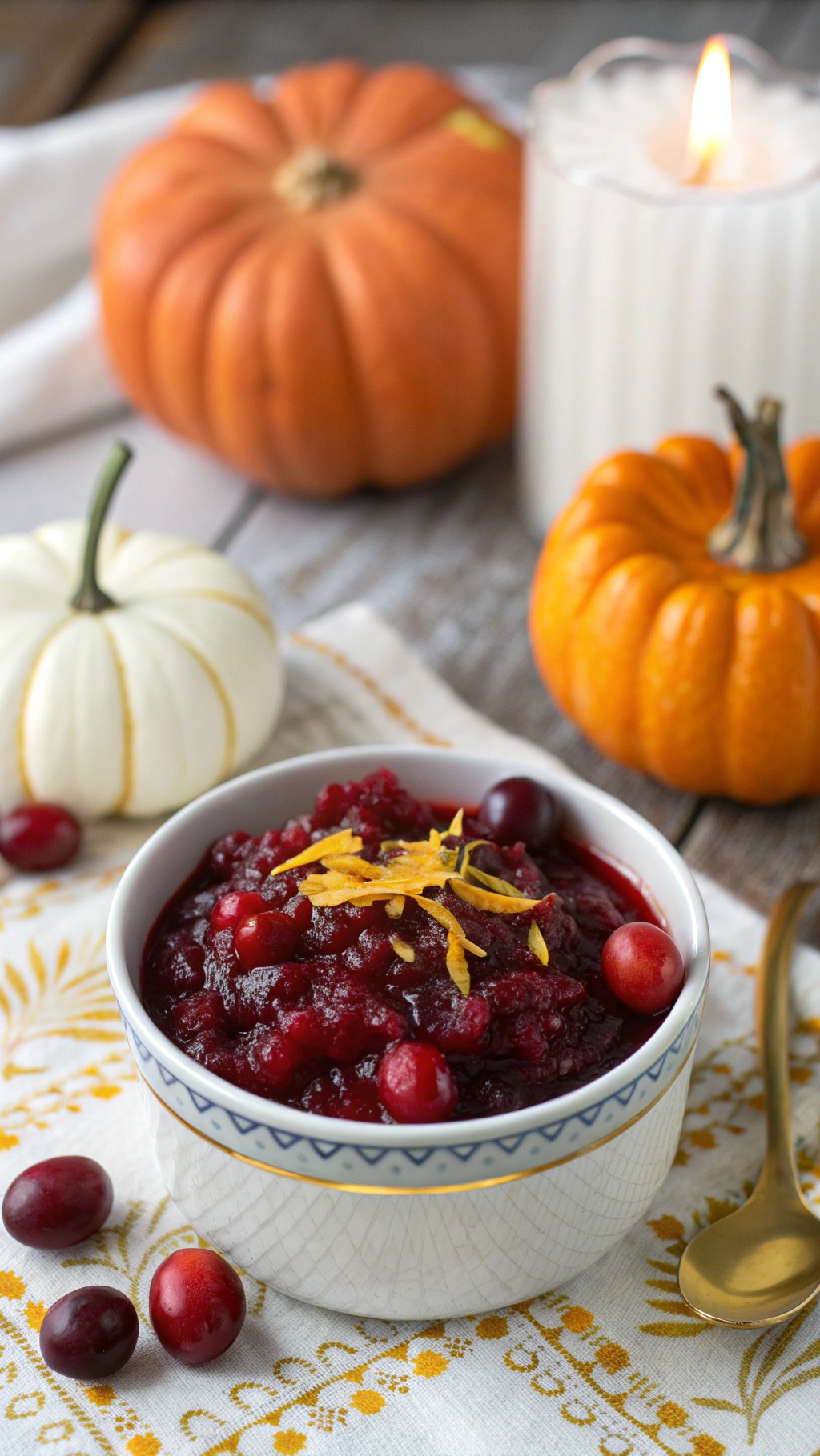 A bowl of cranberry sauce garnished with orange zest, surrounded by pumpkins and a candle.