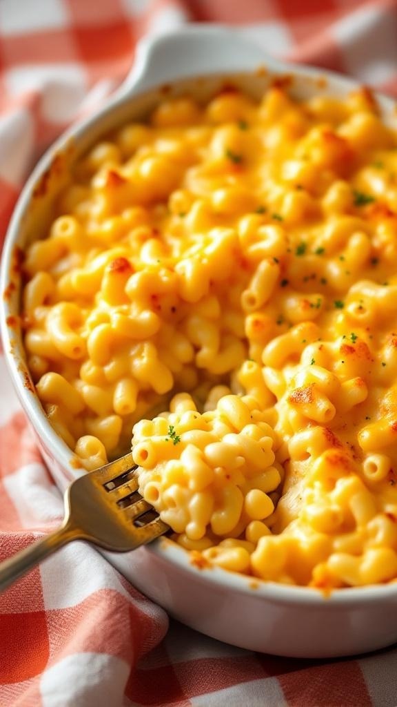 A dish of creamy macaroni and cheese with a fork resting on the side.